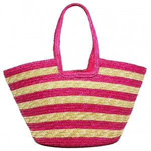 Straw Tote – 12 PCS Striped Woven Wheat Straw Tote - Fuchsiam - BG-B11047FU